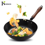 Konco Chinese Iron Wok 28cm Handmade Non-Coating Iron Pot Flat pan Cast Iron Pan General Use for Gas and Induction Cooker Chinese Wok Cookware Pan Kitchen Tools