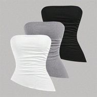 3pcs/Set Black, White & Grey Knit Cropped Tube Top With Waist Ruching And Asymmetrical Hem, Versatil
