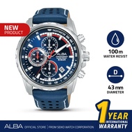 Jam Tangan Pria Alba AM3937 Kulit Asli Biru Chronograph Original