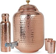 2.11 Gallon/ 8 Litre Water Dispenser, Drink Water Dispenser With 2 Pcs Copper Glass &amp; Water Bottle Hand Hammered 100% Pure Copper, Lid and Stainless Steel Spigot Included - Water Jug Dispenser