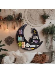 件月亮貓水晶木架，黑色壁掛式月亮水晶展示架，新月月相水晶架，精油，小植物藝術，哥德式巫術家居裝飾（不含水晶）