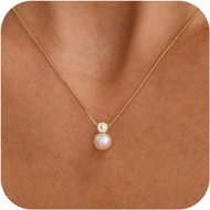 Pearl Necklaces for Women, Dainty Gold Necklace 14K Gold Plated Ch CZ Pearl Pendant Necklace Simple 