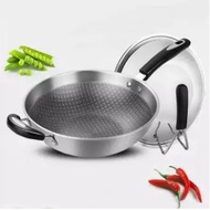 34cm 304 Stainless Steel Nonstick Wok Frying Pan with Glass Lid Induction Cookware Set