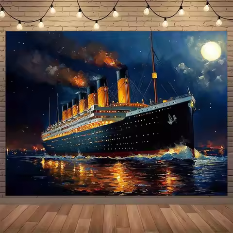 Large luxury cruise ship-themed polyester background banner - Titanic design and lighting ship and s