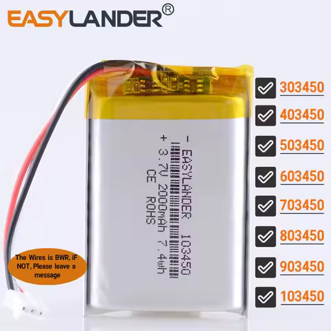 JST 2.0 mm 3pin 3.7V 2000mAh 103450 Lithium Li-ion Polymer Battery Lipo 303450 403450 503450 603450 