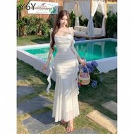 [Y6Y] - Women's Flowy Sexy Spaghetti Strap Dress, Shoulder Tie Ruched Elastic Fitted Style, Suitable
