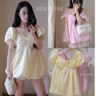HER SHINE Light Yellow Puff Sleeve Babydoll Shirt – Korean Style Women's Bow Top