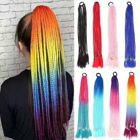 Synthetic 24Inch Y2K Rainbow Horsetail Wig Long Boxing Braid Hair Ponytail Extension High Temperatur