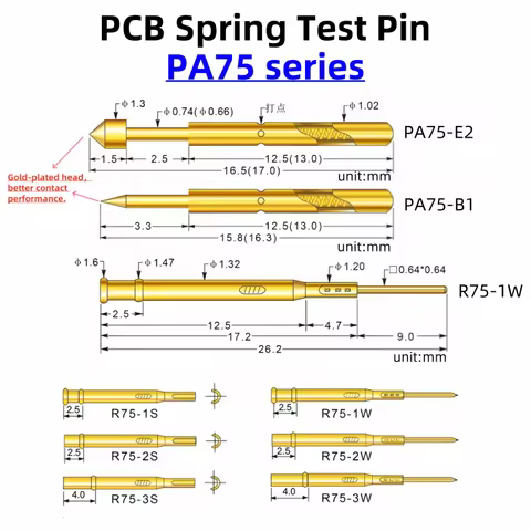 PA75 Series 100g Gold Plated Spring Test Probe Test Pin Pogo Pin Electric Detection Needle PCB Test 