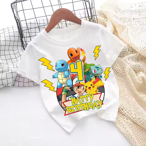 Pokemon Kids Birthday Number T-shirts Anime Pikachu Boys Girls Tee Shirt Short Sleeves Printed Child