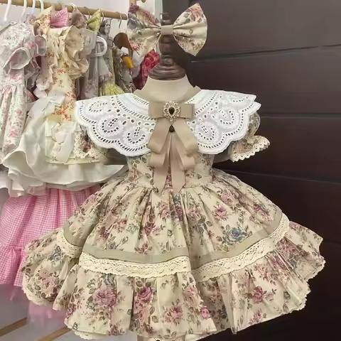 0-12Y Baby Girl Summer khaki Floral Vintage Princess Dress for Birthday Photography Holiday Eid B31