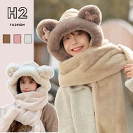 HOT Mũ Len Nữ Lông Cừu Kèm Khăn Quàng Cổ Mũ Len Trùm Đầu Giữ Ấm Tai Gấu Phong Cách Hàn Quốc- H2 Fash