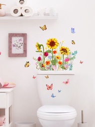1入組蝴蝶和花卉圖案馬桶蓋貼花,現代PVC昆蟲和花朵印花厠所馬桶坐墊貼紙