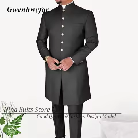 G&N 2024 New Men Suits African Long Jacket Grey Elegant Gold Buttons Groomsmen Party Man Formal Cost