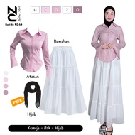 One Set Wanita Kekinian [ Fitted Shirt Julia Top + Rok Susun ] Gratis Hijab _ Outfit Trending NC0020