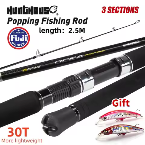 Hunthouse 3 Sections Popping Fishing Rod 2.5m Max Lure Wt 200g 30T Carbon Fiber Spinning Rod Full Ja