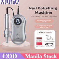 MUIFA 35000RPM Nail Drill Machine Electric Manicure Machine Nail Polisher 2600mAh Battery Rechargeable Nail Grinding Machine with 6 Grinding Heads