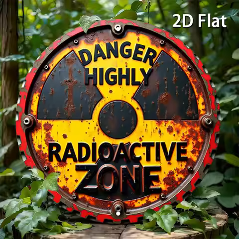 Vintage Rustic "Danger Highly Radioactive Zone" 2D Flat Round Tin Sign - Nuclear Warning Industrial 