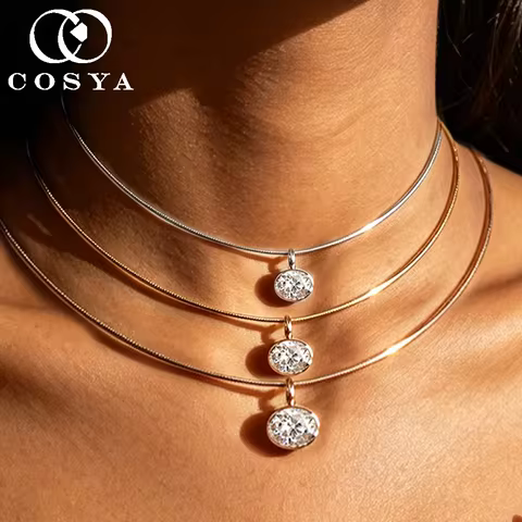 COSYA 2-4CT Oval Cut Solitaire Moissanite Choker Necklace For Women S925 Silver East-West Lab Diamon