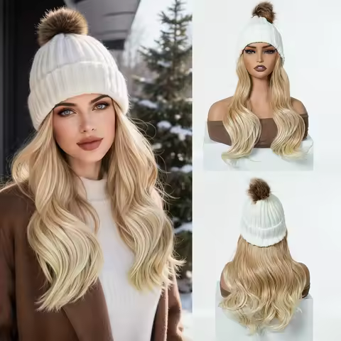 loose curly synthetic wig shiny curly knitted hat with long hair hat wig wavy wig winter wig knitted
