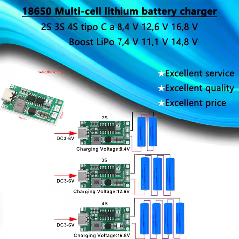 1/5PCS 18650 battery charger 2S 3S 4S C type A 8.4 V 12.6 V 16.8 V Boost Lithium battery 7.4 V 11.1 