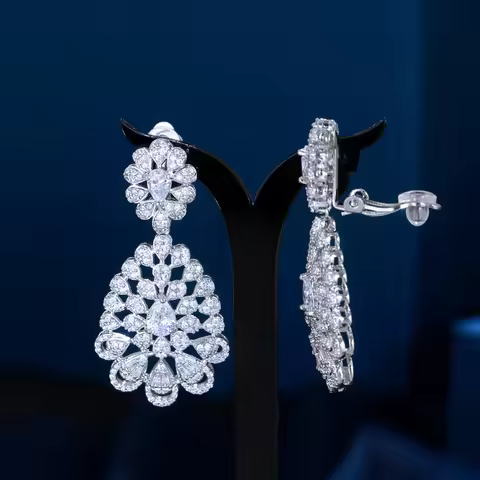 CWWZircons Fancy Shiny White Cubic Zircon Clip On Non Piercing Wedding Party Bridal Long Dangle Earr