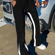 Quần nỉ ống loe Drip Style, trang phục dạo phố thoải mái, giản dị, quần nỉ chắp vá đen trắng, phong