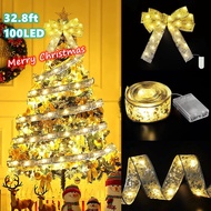 Christmas Tree Ribbon String Lights, 32.8ft 100 Lamp Led Decor Lights for New Year Party Weddings Xmas Window Curtain Hanging Decorations with LED Ribbon Christmas Tree Bow