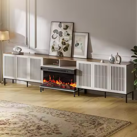 3-Sided Glass Farmhouse Fireplace TV Stand for TVs Up to 110 Inch, Entertainment Center with 36" Ele