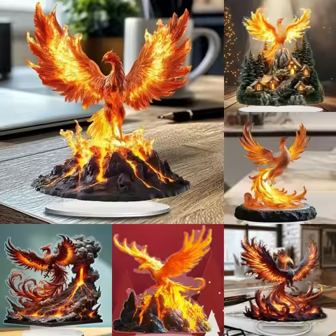 phoenix & forest Statue,2D Flat Acrylic Figurine,Home,Office,Cafe,room,Studio,display Case,Table Orn