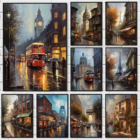 Vintage Cityscapes Style London Paris France Berlin Germany Landscape Poster Canvas Painting Wall Ar