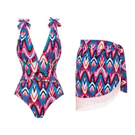 Green Ripple Print One Piece Swimsuit and Sarong for Women 2024 New Acrylic Ring Swimwear Female Tas