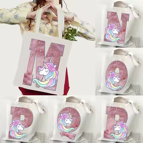 Cute Unicorn Dreams Alphabet Graphic Canvas Shopping Bag Women Cartoon Cute Unicorn Alphabet Canvas 