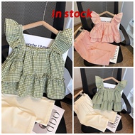 [Grojoy] (Ready Stock) Girls Summer Suit 2026 New Style Korean Version Plaid Sling+Wide-Leg Pants Tw