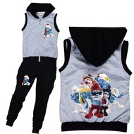 The Smurfs Boys Zipper Hooded Vest Girls Trousers Set Sleeveless Waistcoat + Jogger Pants 8680 Kids Spring Clothing Set