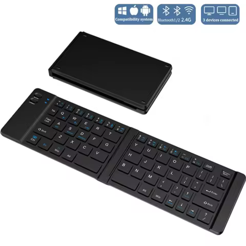 Mini Bluetooth Keyboard ,2.4G Wireless Foldable Keyboard, Rechargeable Bluetooth Keyboard Folding Po