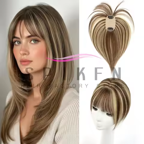 P4/27# 5x9cm Human Hair Toppers Thin Clip-In Topper with 3D 360° Coverage Air Bangs Fringe Hairpiece