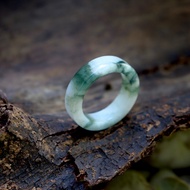 Green Jade Ring With White Narrow Face Size: 57mm.