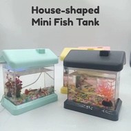 ถังปลา USB ไฟ LED กลางคืน สไตล์สดใสของนอร์ดิก ถังปลาเป็นรูปบ้านสีสันสดใส ถังปลาน่าอยู่ขนาดเล็ก ถังปลา Betta ก้อนมอสบอลบนโต๊ะ ถังปลามินิบนโต๊ะ