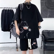 [Xiaojiee.] (M-8XL) Waffle Sports Set Mens Summer INS Fashion Cartoon Print Student Short Sleeve Sho