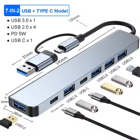 USB C Hub USB Hub 3.0, Aluminum 7 in 1 USB Extender, USB Splitter with 1 X USB 3.0, 4 X USB 2.0 and 