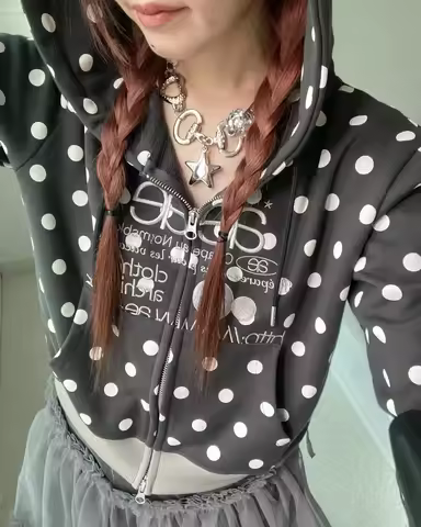 2025 Korean Fashion Polka Dot Graphic Letters Embroidered Zipper Slim Hoodie Women's Y2K Harajuku Ka