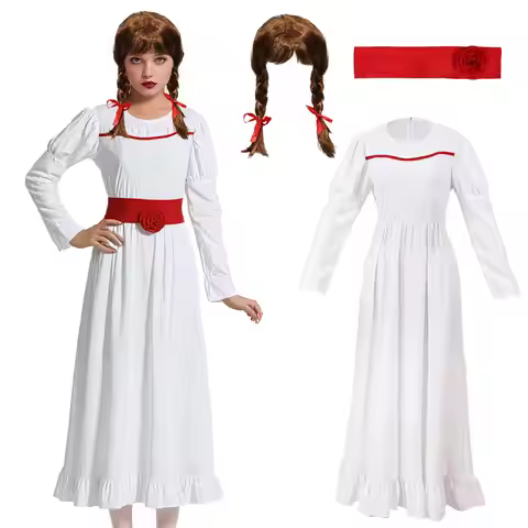 Halloween Scary Annabelle Costume Horror Movie White Dress Braided Wig Waistband Creepy Cosplay Cost