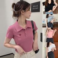 New Design Women Cotton Polo Collar Top Heart Embroidery Short Sleeve T-shirt