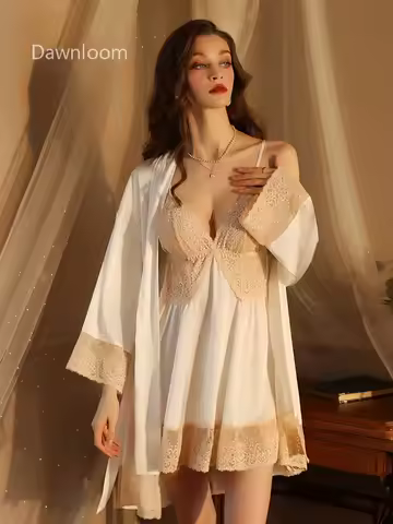 Dawnloom* Lace silk two-piece pajamas for women deep V strappy nightgown + cardigan light luxury hom