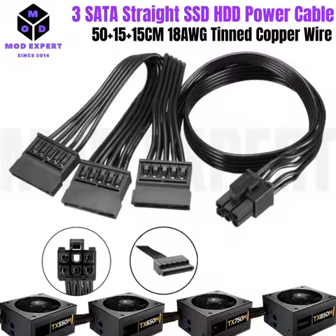 6Pin to 3x SATA Male Straight, Hard Disk Drive HDD SSD Power Cable for Corsair TX850M, TX750M, TX650