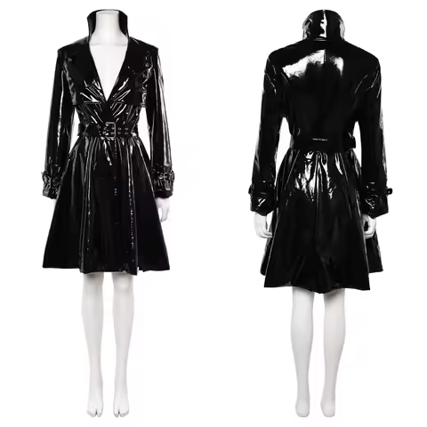 Nico Robin Cosplay Miss All Sunday Costume Black Patent Leather Trench Coat Adult Women Halloween Ca