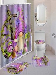 帶12個掛鉤的帶紫色薰衣草侏儒圖案的防水浴室淋浴簾套裝,附馬桶座墊、浴墊、地毯、馬桶蓋,防滑地氈,聚酯纖維可清洗窗簾