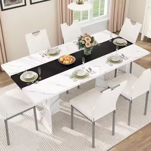 Rectangular Dining Table for 6-8 People, Farmhouse Wood Kitchen Table with Wooden Legs, Farmhouse Ce