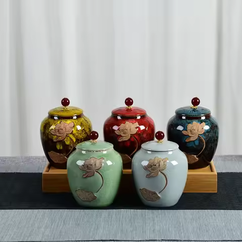 Creative Crack Lotus Ceramic Sealed Jars Large Capacity Storage Jars Food Containers Lotus Tea Tins 